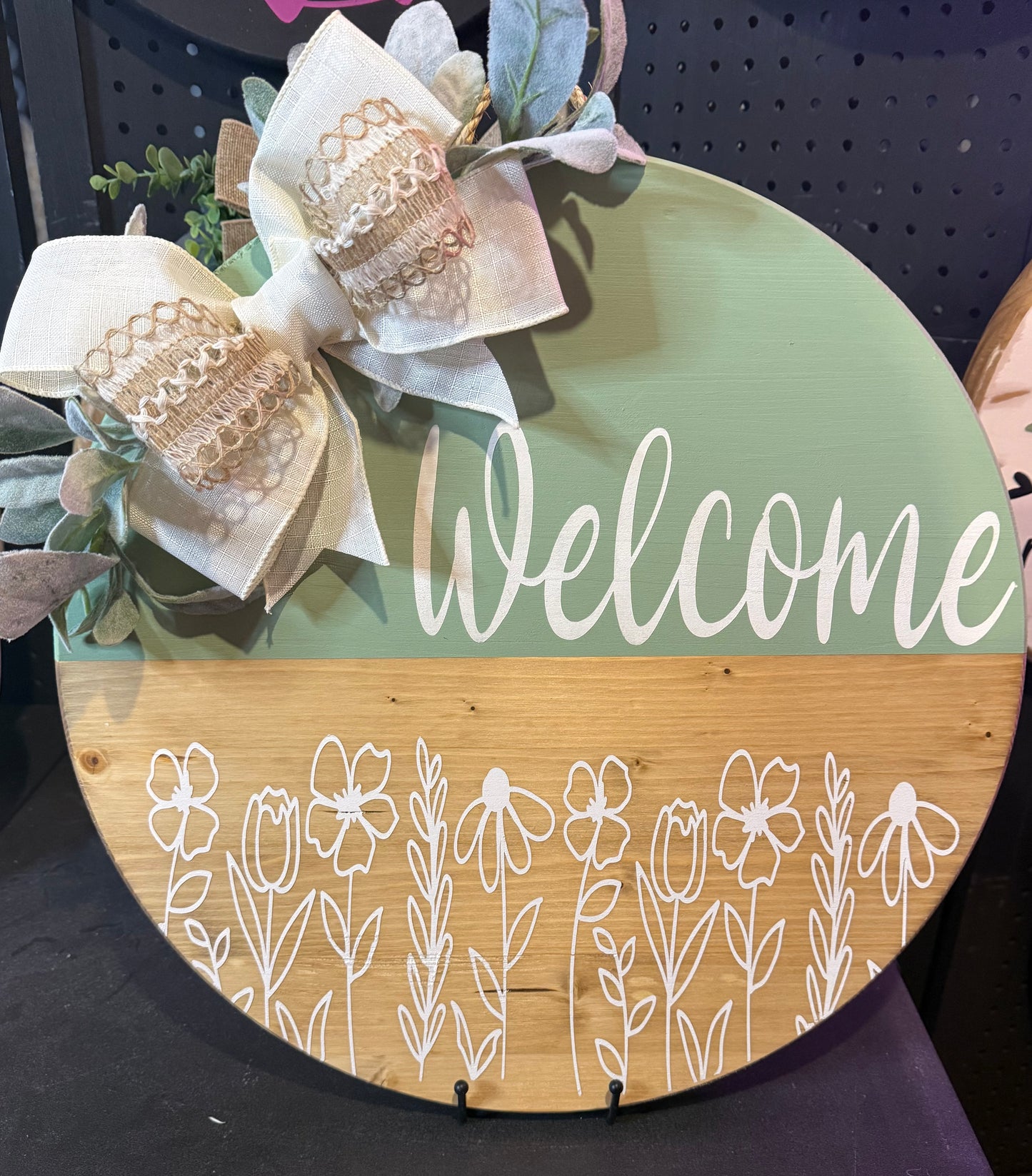 18” Door Hanger - Welcome with wild flowers - Sage green and off white
