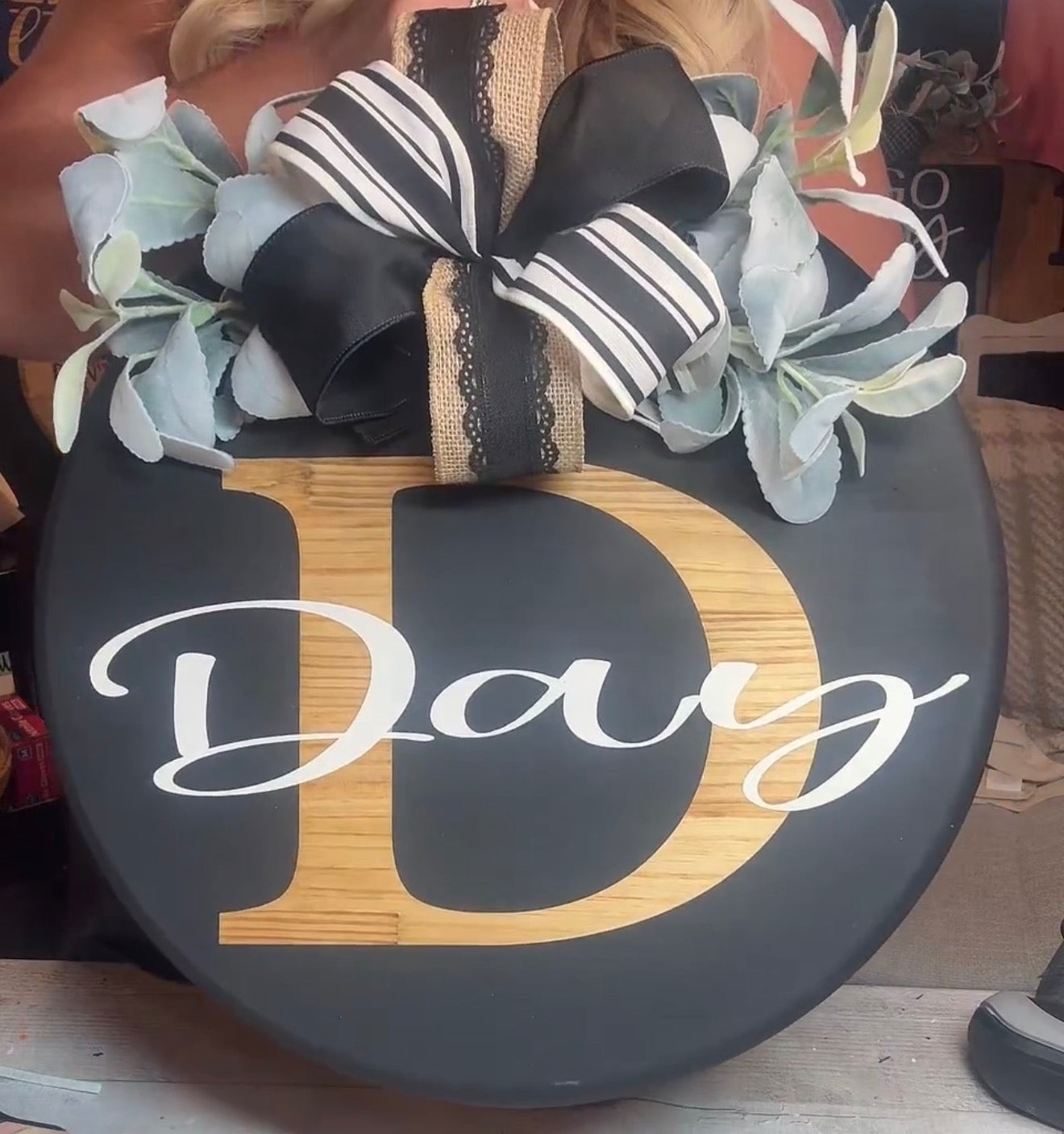 18” Door Hanger - Black with stain, initial