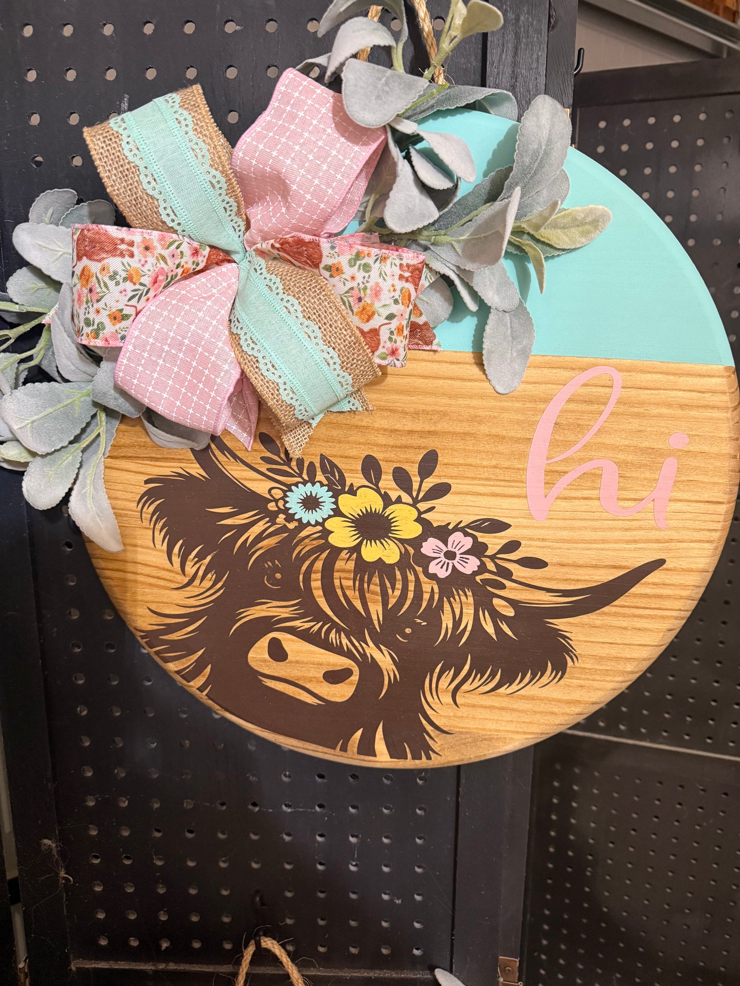 18” Door Hanger - Highland cow - teal