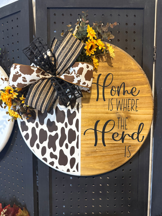 Door Hanger - Home is where the herd is with cow print