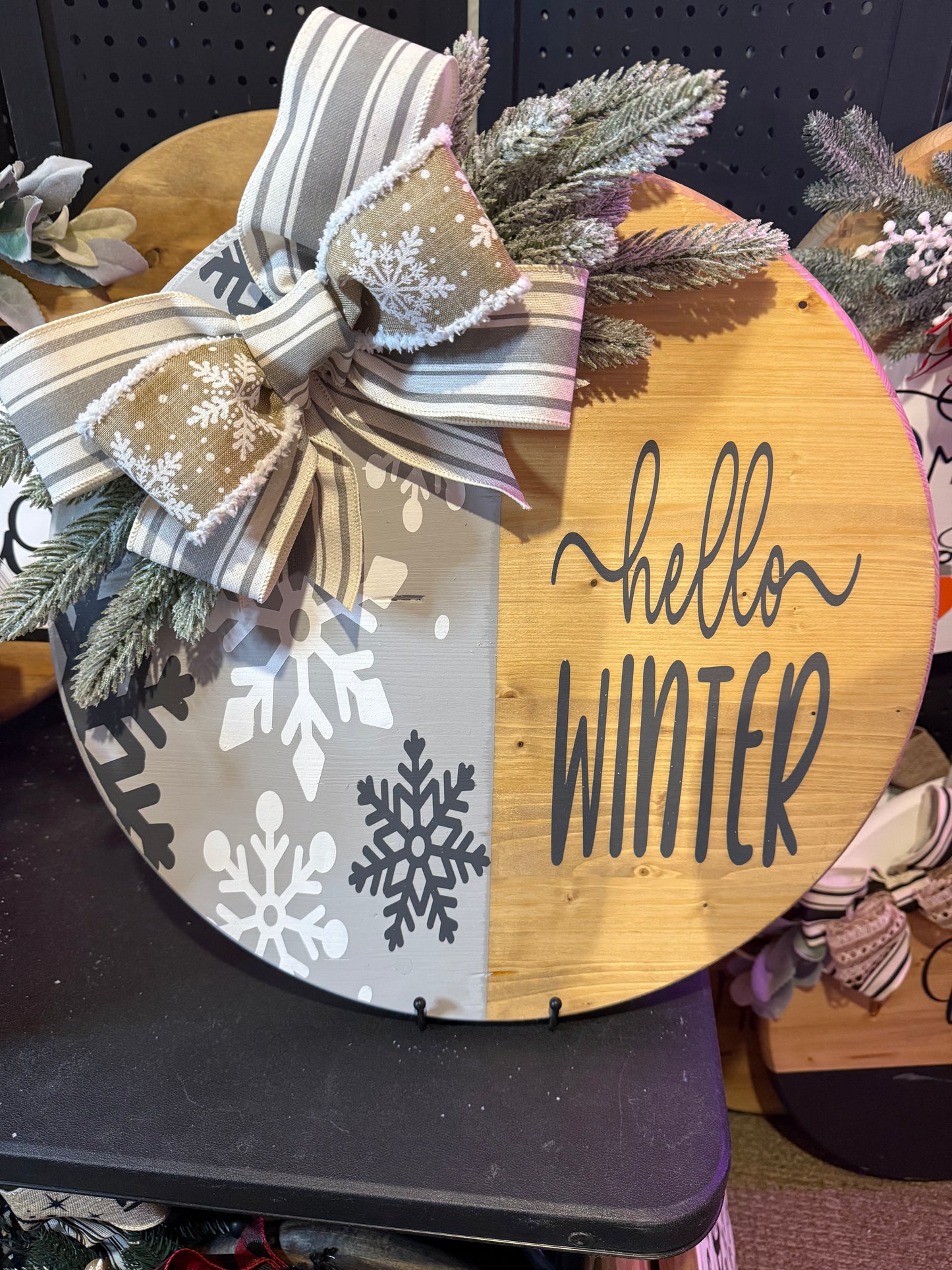 18” Door Hanger - Hello Winter with light and dark grays.