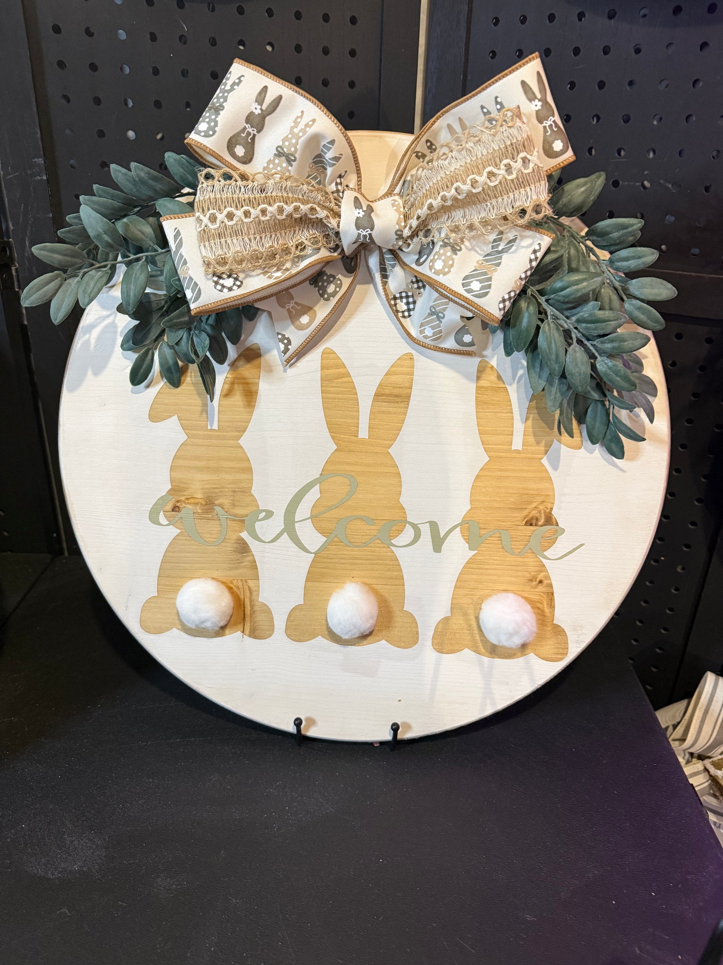 18” Door Hanger - Easter welcome with bunnies and furry tails.
