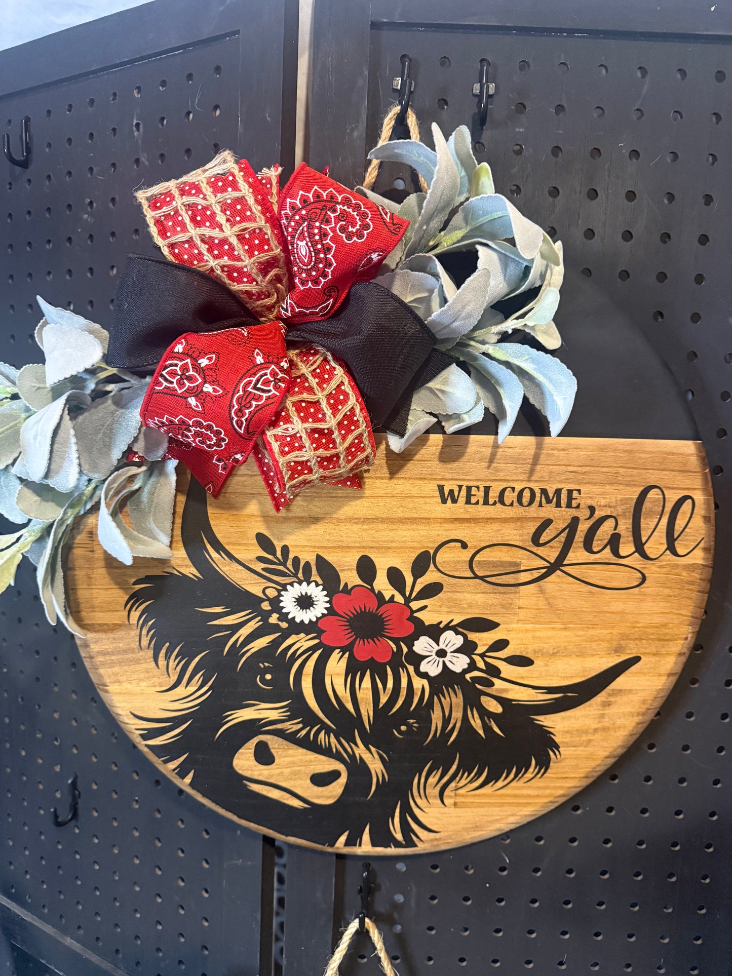 Door Hanger - 18” Highland cow, red with welcome yall