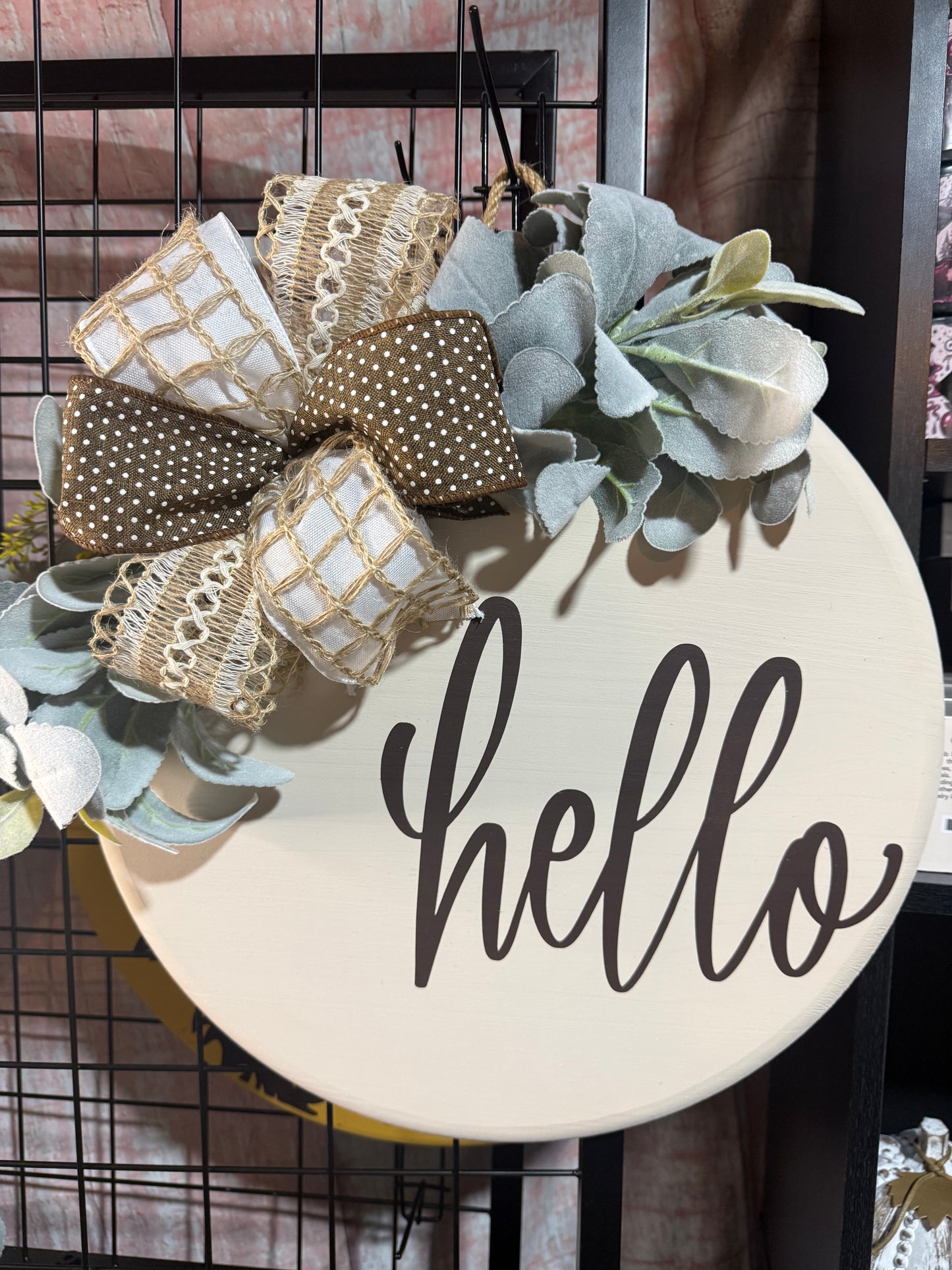 15” Door Hanger - Hello, cream and brown